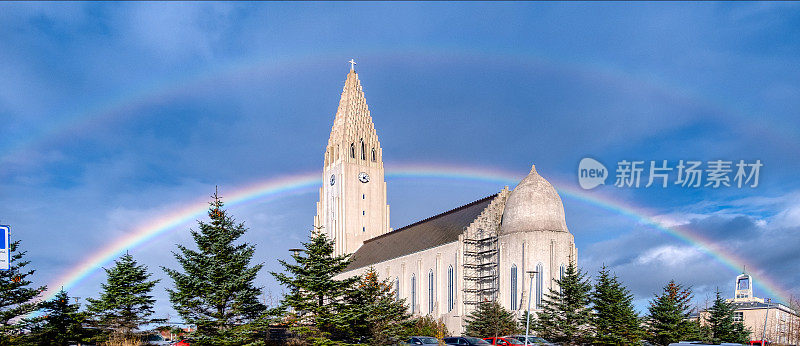 Double Rainbow over Hallgrímskirkja church in Reykjavik, Iceland